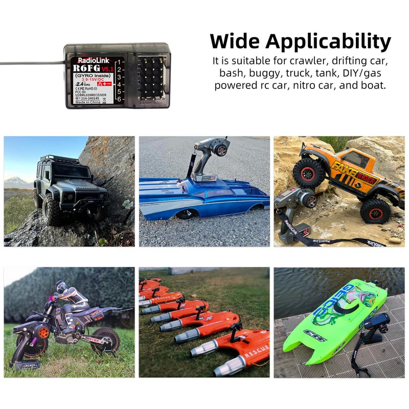 Radiolink R6FG 6 Channels 2.4GHz RC Receiver with Gyro, Surface Long Range Control RX for Vehicle Drifting/Crawler/Truck/Boat Works with Radio Controller RC4GS V3/RC6GS V3/RC8X/T8FB/T8S/T12D/T16D - Image 2